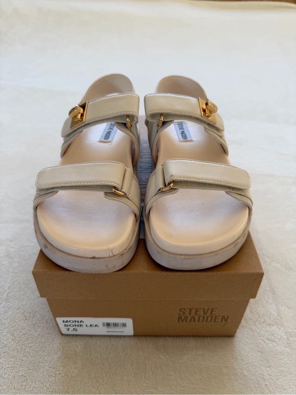 Steve Madden Bone Leather Strappy Sandals with Gold Hardware - Picture 4 of 8